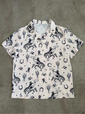 Unisex Cream Cowboy Print Short Sleeve Shirt